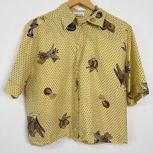 Vintage Gerry Weber‎ Button Up Shirt Womens L Mustard Yellow Abstract Boxy Euro